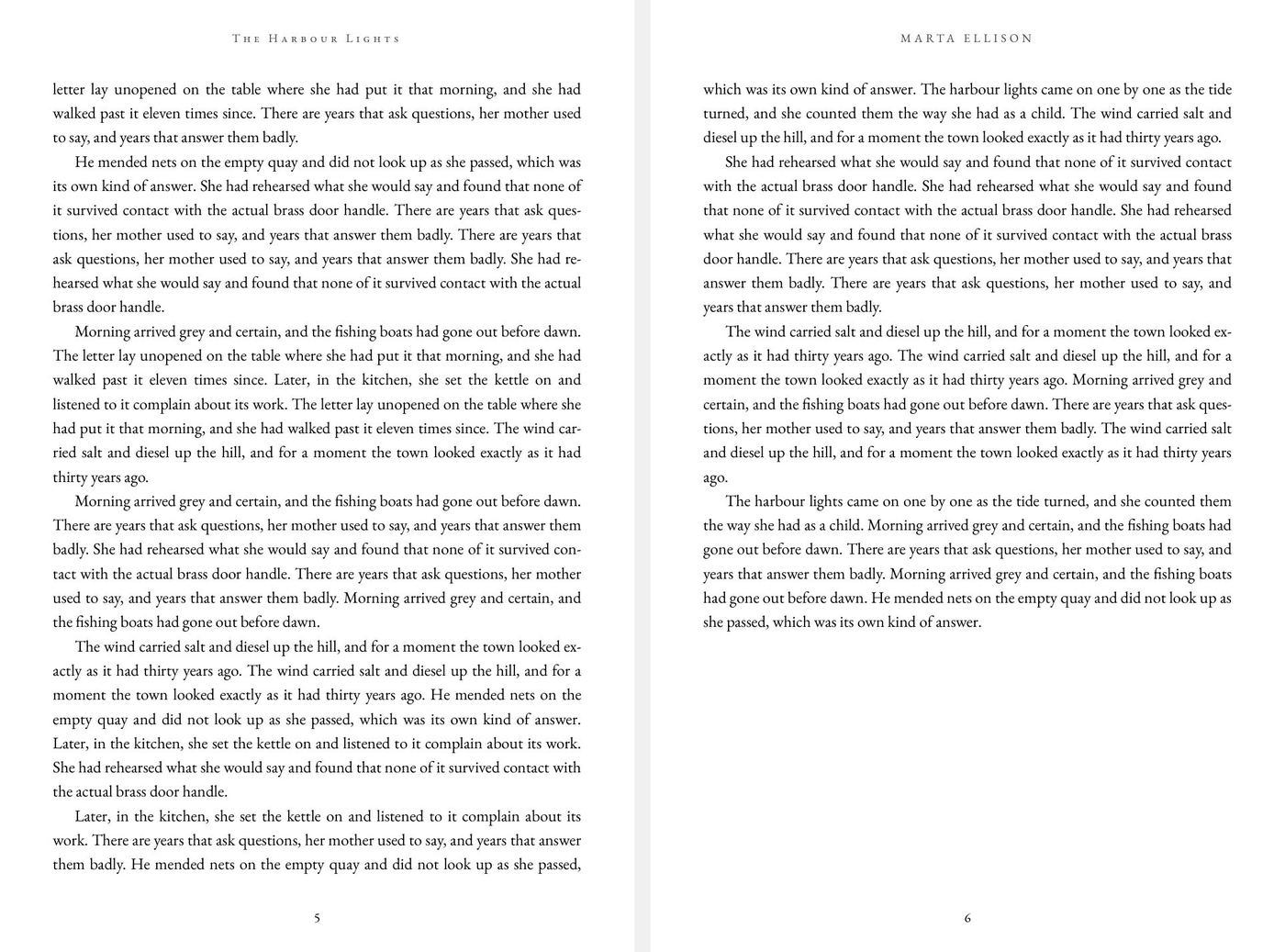 Marlowe interior theme — chapter opener and body page spread at 6×9 trim